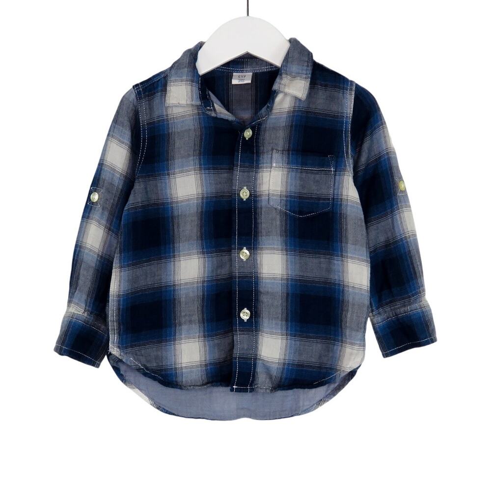 Baby Gap Navy Blue White Plaid Button Down Shirt 2T Toddler Boy